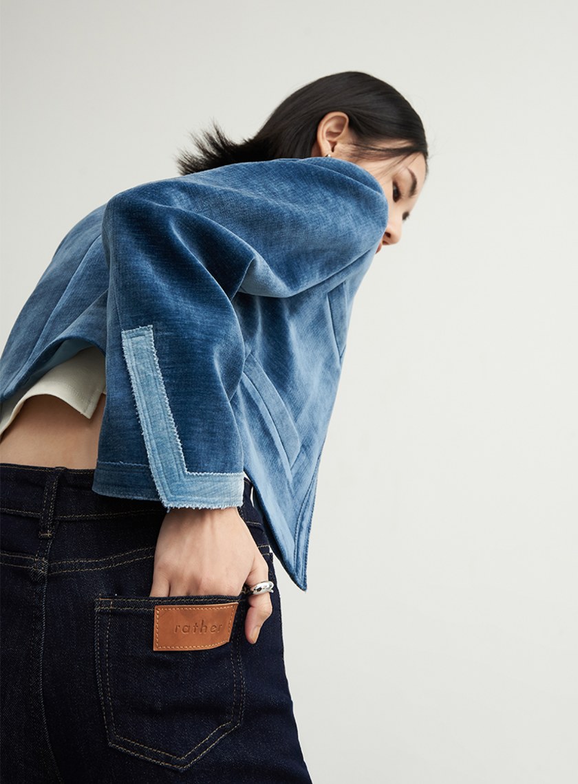 絨面無領雙色短版長袖外套